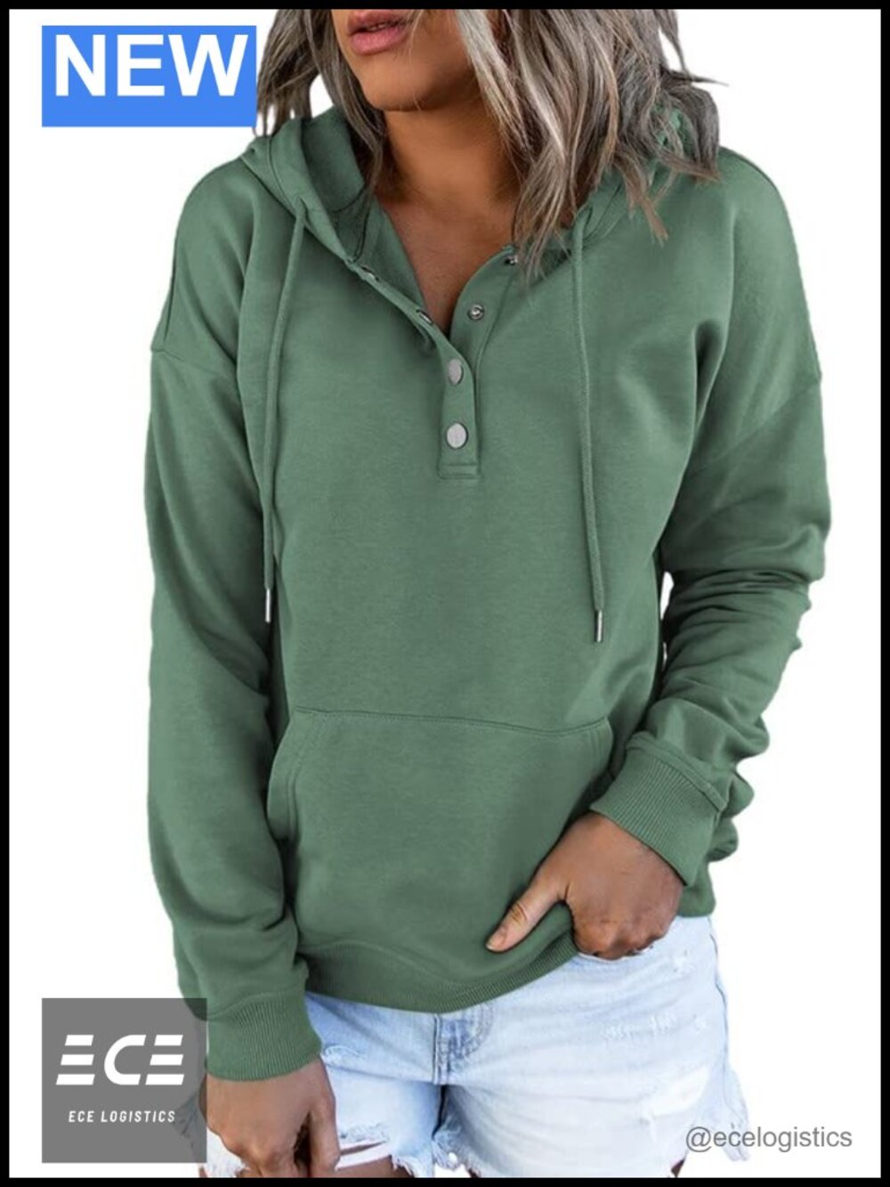 Women's Oversized Pullover Hoodie Button Front Drawstring Sweatshirt